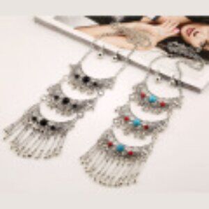 #021 Hollow Gemstone Necklace Vintage Tassel Chain with Earrings